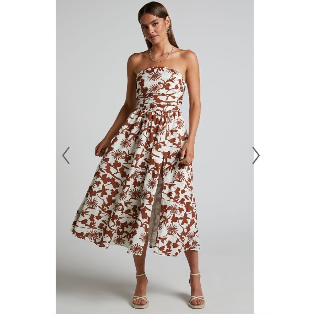 Showpo Evita Floral Midi Dress Ruched High Split Strapless NEW Size 14